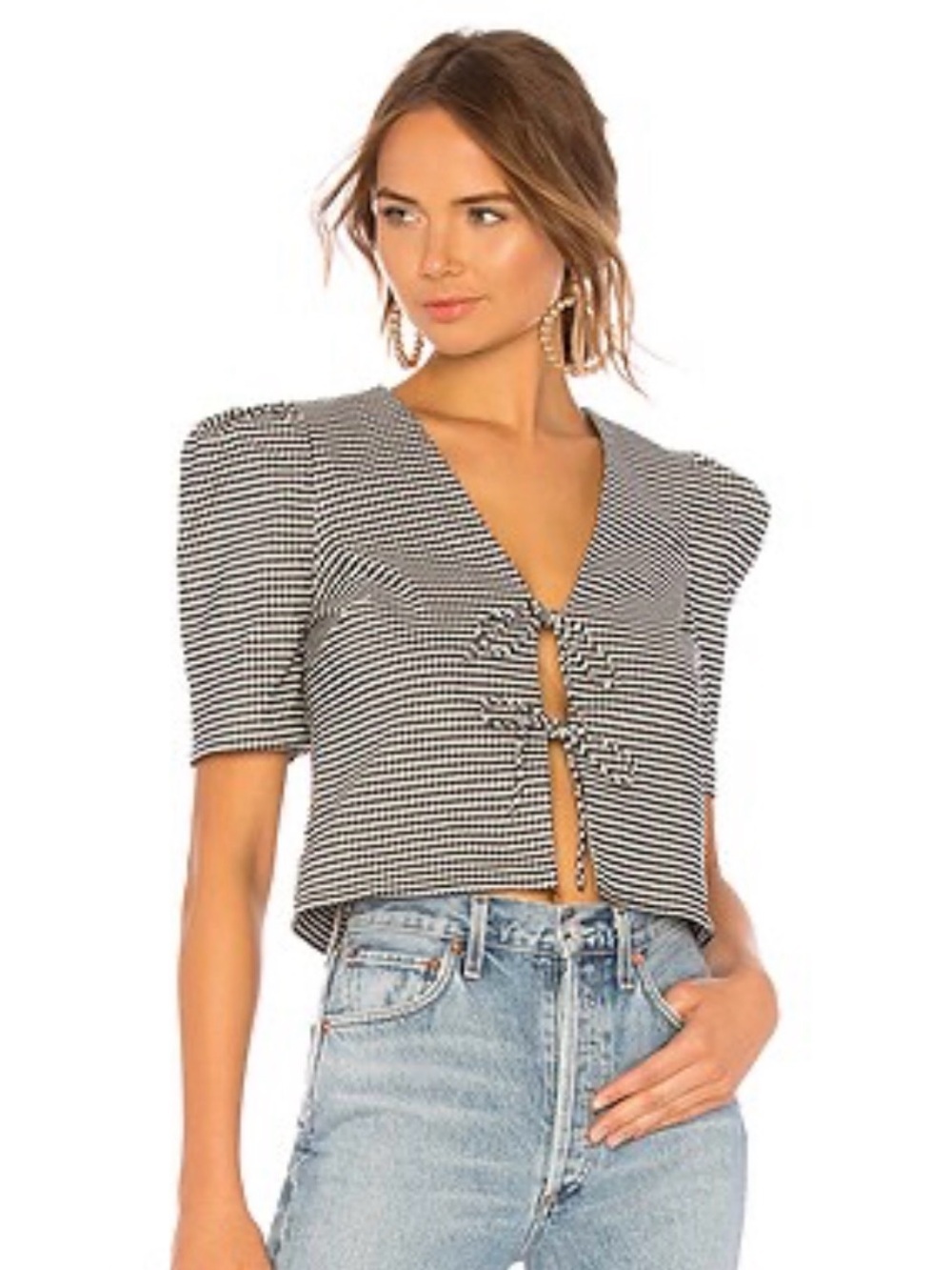 REVOLVE Black & White Houndstooth Tie-Front Cropped Top - Picture 1 of 3